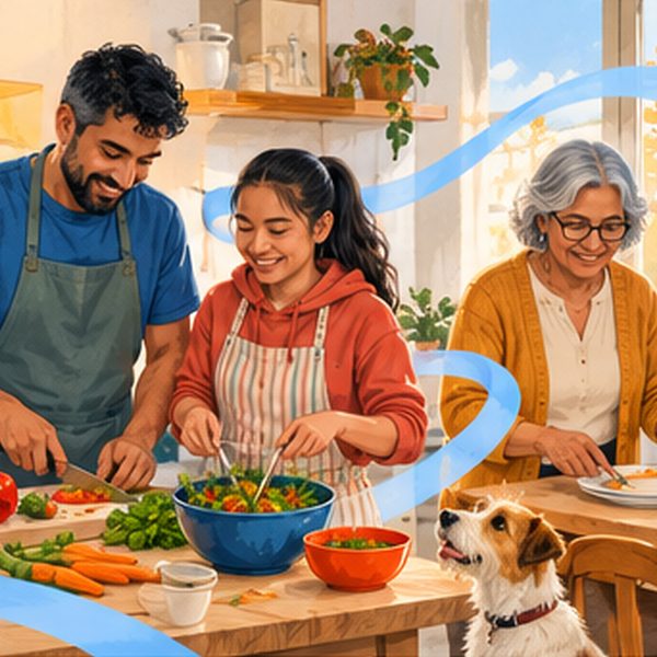 A dad, his teenage daughter and her grandmother cooking dinner together while their dog watches