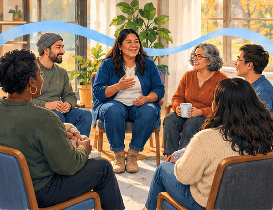 A small, welcoming circle of people talking and listening in a community meeting room