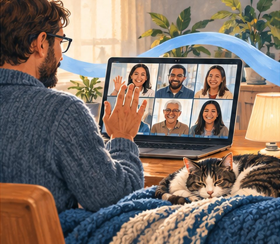 A man waving to a group on a video call from home, with his cat asleep beside him